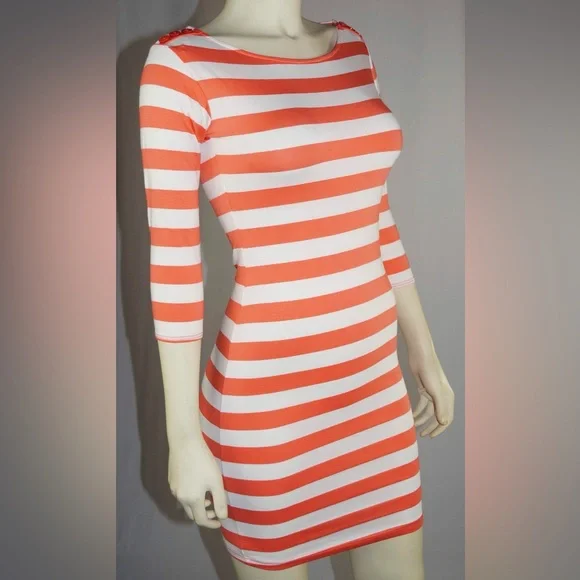 Soprano Coral and White Striped Dress Stretch Comfy Casual Dress 3/4ths Sleeves - Picture 1 of 6